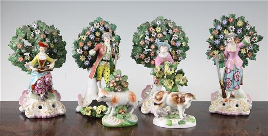 A collection of six Continental Chelsea style porcelain figures, 19th century, largest 17.5cm, smallest 10cm
